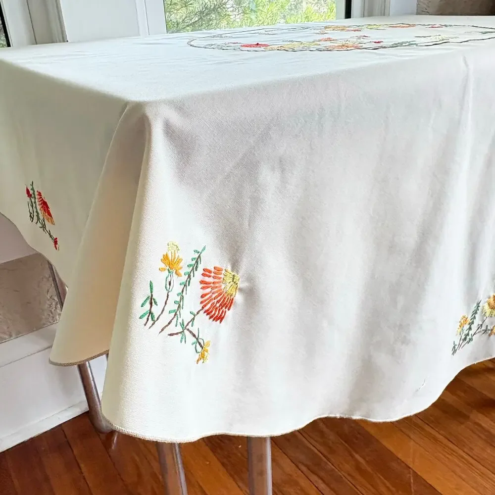 Vintage Embroidered Round Tablecloth, Beige Floral Cotton Blend 58”